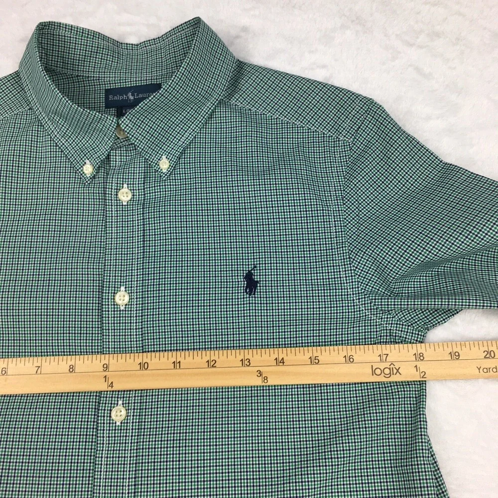 Ralph Lauren Shirt Boys Large (14-16) Green Micro-Check‎ Blue Pony